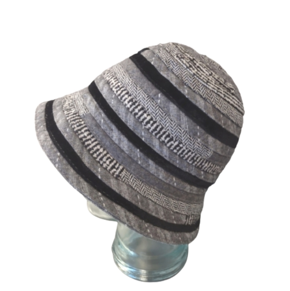 Cappelli Straworld Wool Blend Bohemian Patchwork Striped Bucket Hat Cloche Grey